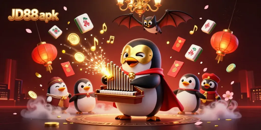 Experience winning with JD88 apk, a vibrant 3D casino scene filled with excitement and game elements.