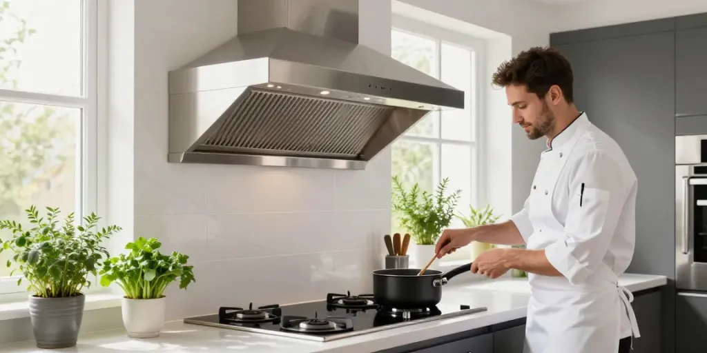 Hotte inclinée moderne installée au-dessus d'une table de cuisson dans une cuisine élégante.