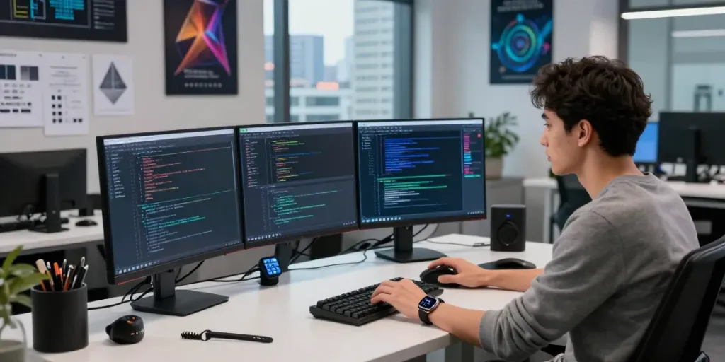 Pengembang perangkat lunak sedang fokus pada proyek tisu4d dengan banyak monitor di ruang kerja modern.