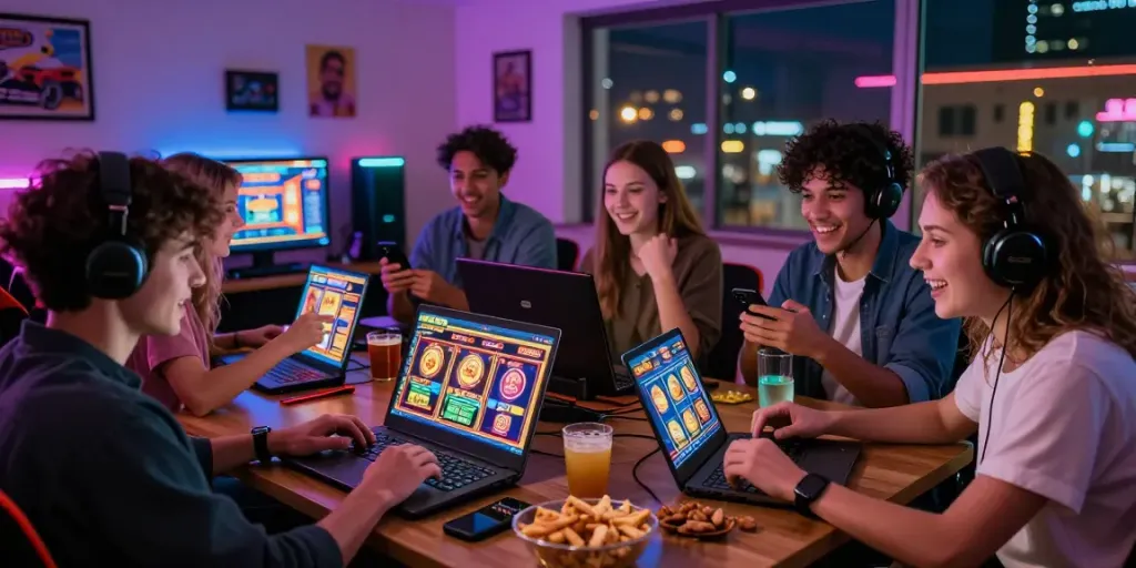 Teman bermain slot gacor online dengan suasana ceria, laptop dan perangkat mobile menyala, makanan ringan di meja dan cahaya warna-warni menciptakan atmosfer menarik.