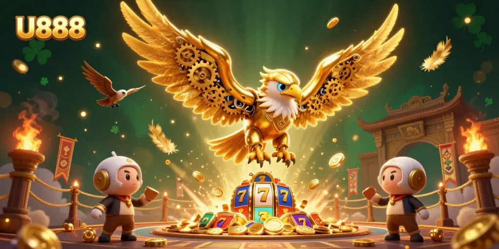 U888 showcases exhilarating gameplay with a cybernetic eagle amidst slot reels, highlighting thrilling casino action.