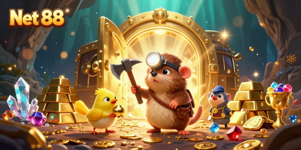 Engage with Net 88 as a treasure hunter discovers riches in a vibrant casino-themed scene.