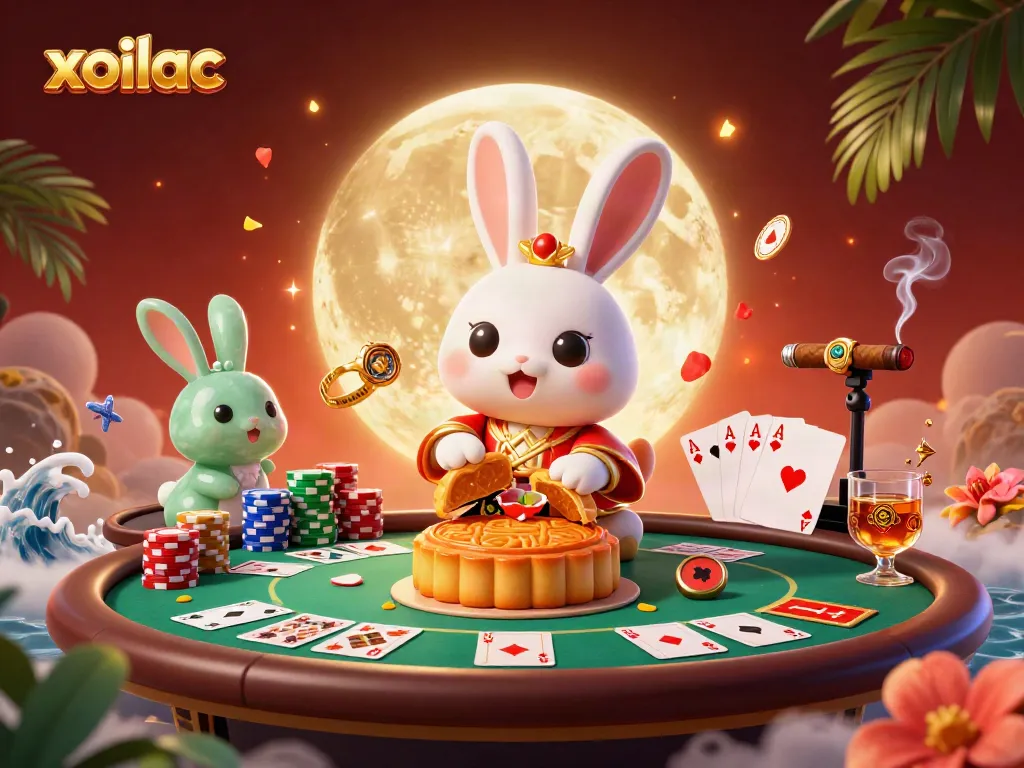Engage with the vibrant gambling scene of xoilac featuring a moon rabbit and poker chips.