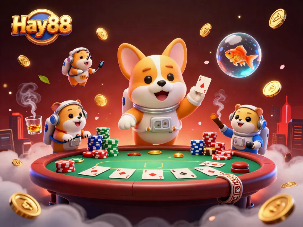 Experience thrilling moments with Hay88 as an astronaut corgi navigates a casino in space.