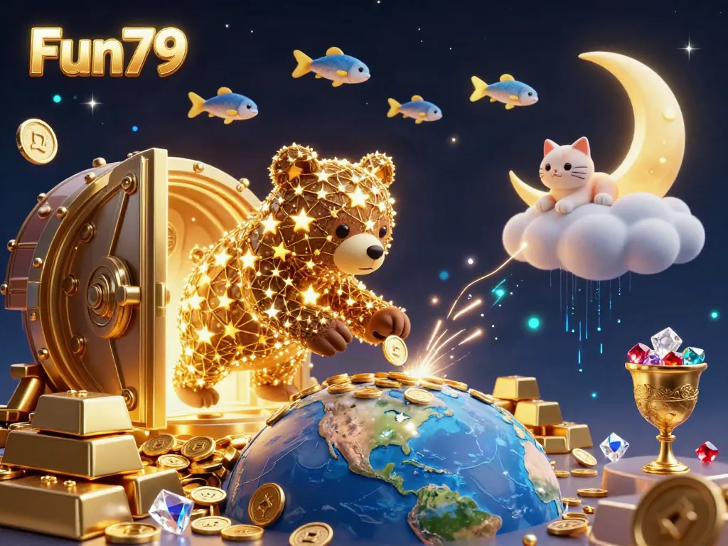 Experience thrilling moments at Fun79 with a cosmic bear scooping coins in a dazzling gaming world.