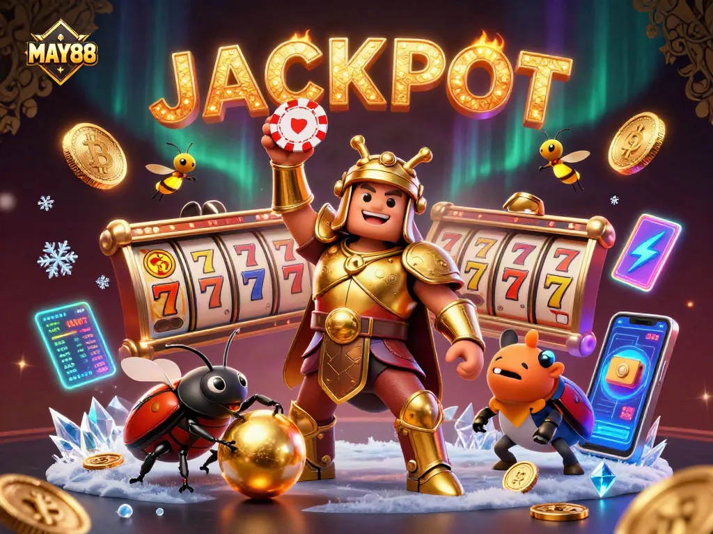 MAY88 players enjoy a dazzling jackpot with vibrant casino elements and dynamic characters.
