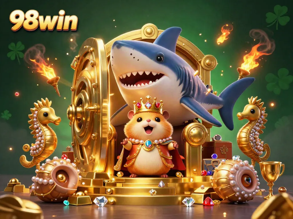 Win big at 98win with the golden hamster king and treasure-filled kingdom scene.