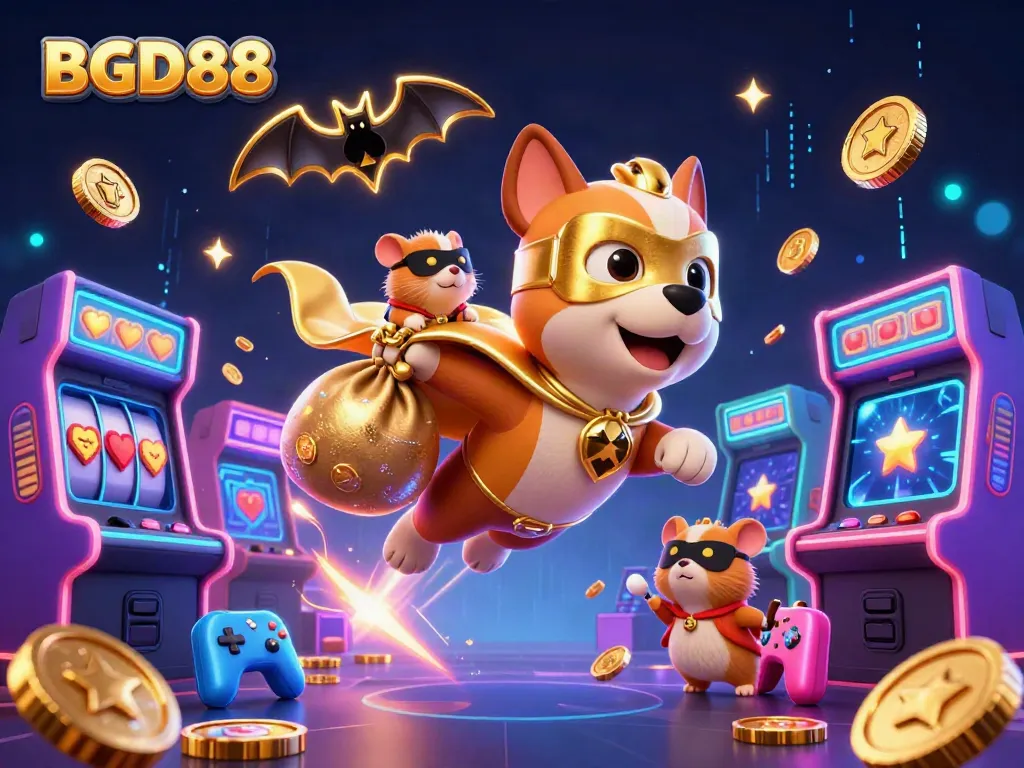 Experience BGD88 with a dynamic illustration of a superhero dog and hamster amidst casino elements.