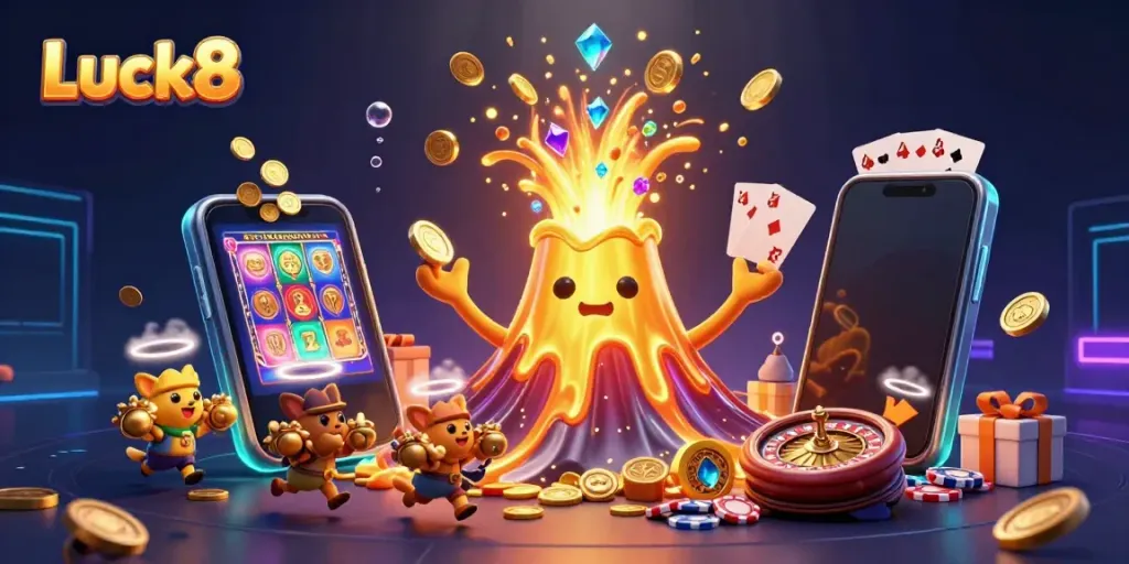 Experience gaming excitement with Luck8 in a vibrant, treasure-filled eruption scene.