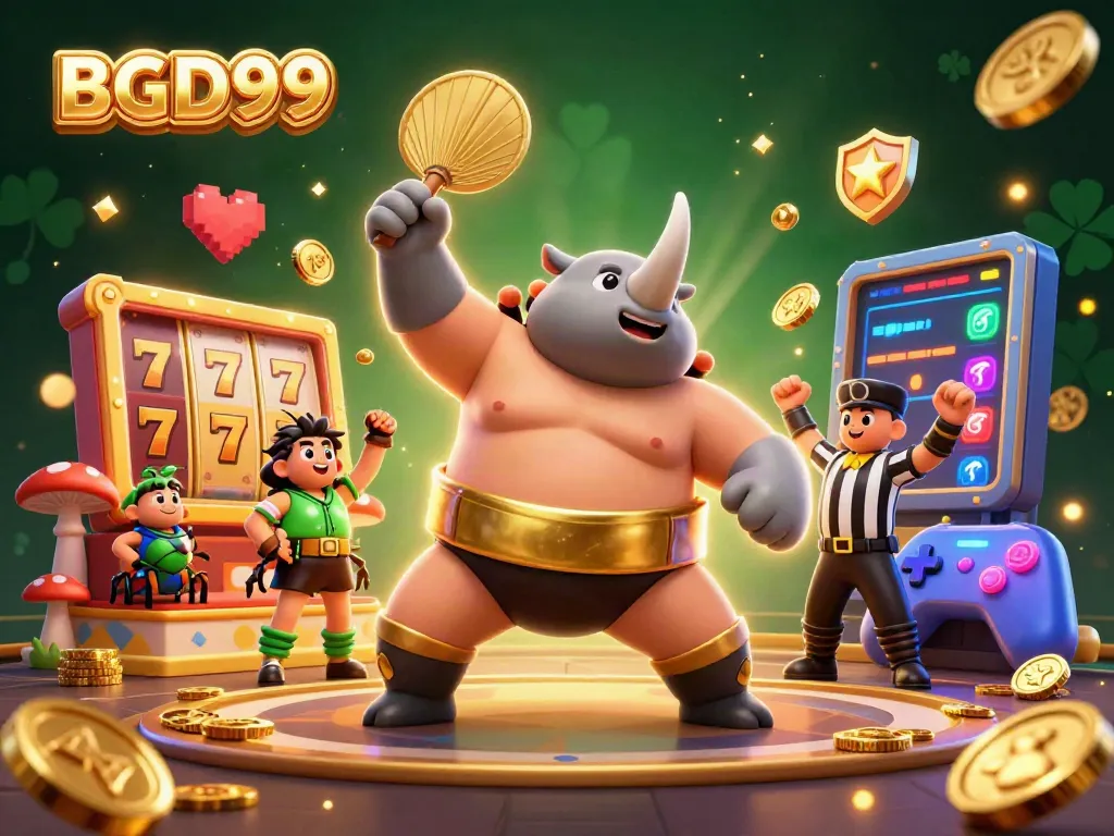 Experience dynamic casino excitement with BGD99 as the sumo beetle champion bursts coins, surrounded by slot game elements.