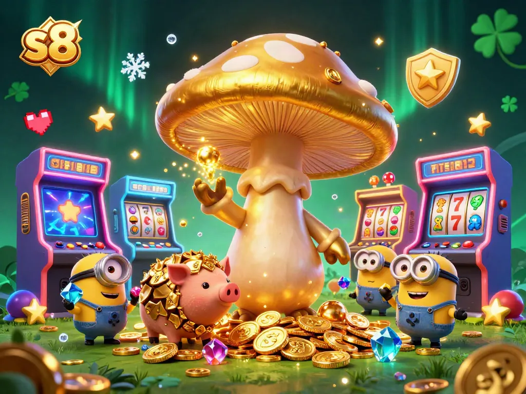 S8 players enjoy golden magic in a lively casino scene filled with vibrant games and treasures