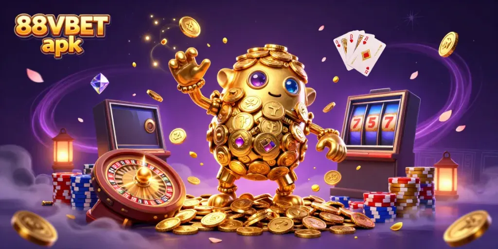Join the excitement with the 88VBET apk, showcasing a vibrant casino scene with golden coins and game elements.