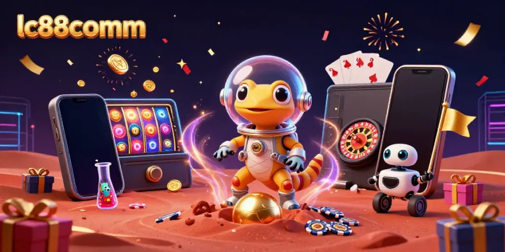 Win big with lc88comm as a Martian gecko discovers a golden casino in a vibrant 3D scene.