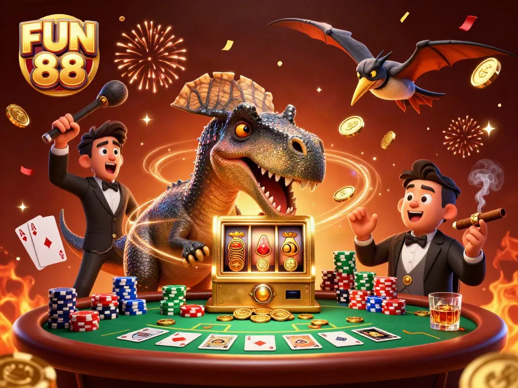 Experience excitement at FUN 88 as a pachycephalosaurus wins jackpot coins from a golden slot machine.