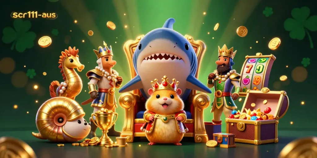 Engaging scr111-aus casino scene with a hamster king, vibrant slot elements, and golden accents.