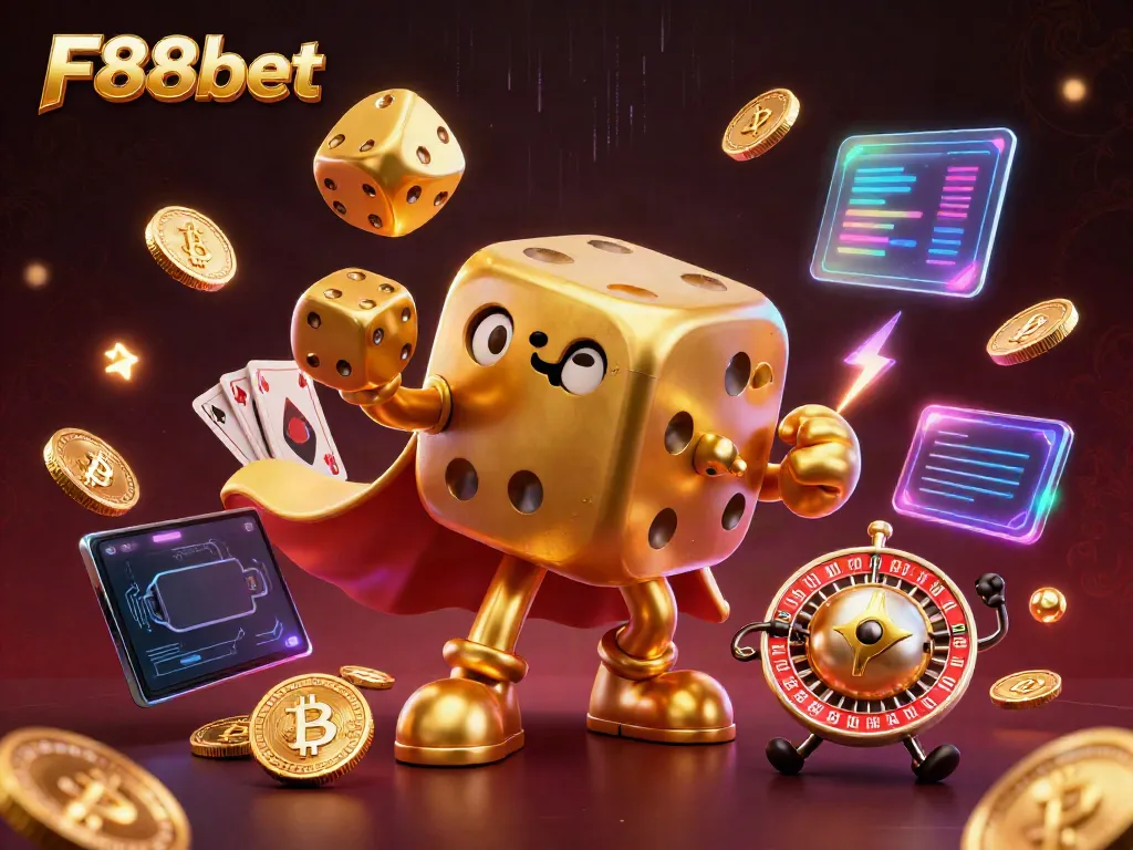 Playing with golden dice and crypto coins in an exciting F88bet-themed casino setting.