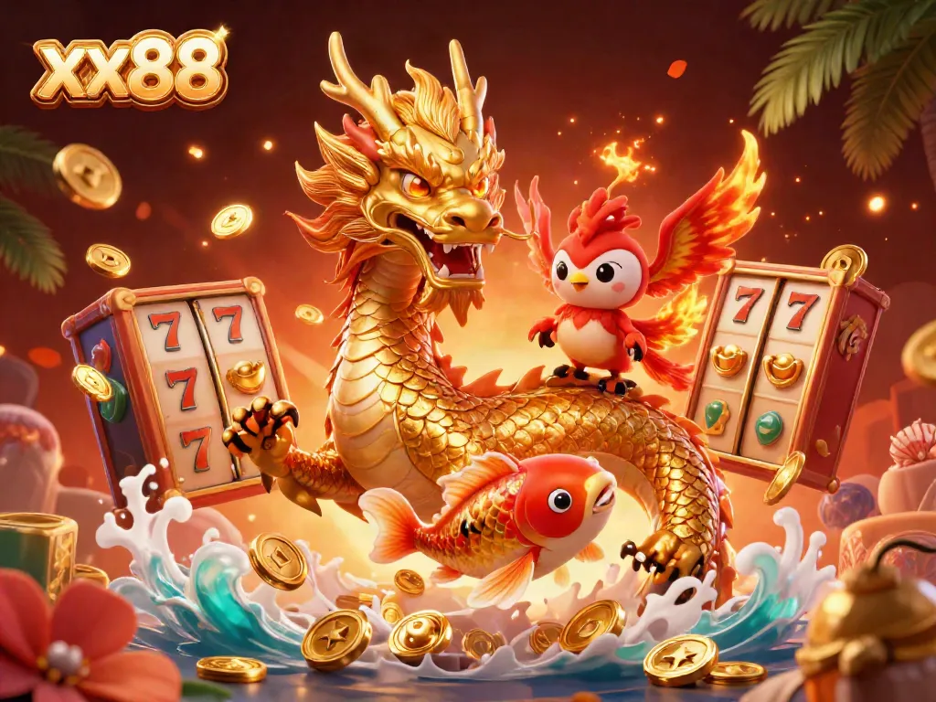 Engage in exciting gameplay with the charming xx88 dragon, phoenix, and koi fish in a vibrant casino scene.