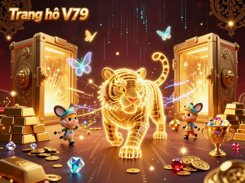 Engage with the vibrant energy of Trang chủ V79 as the golden tiger prowls a digital casino filled with treasures.