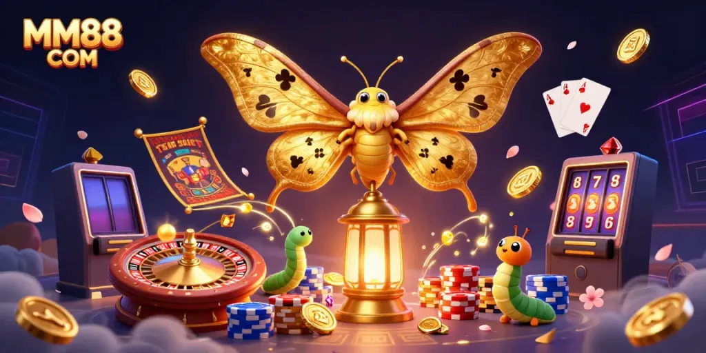 Engage in the vibrant world of MM88 COM with stunning casino-themed illustration featuring a majestic moth.
