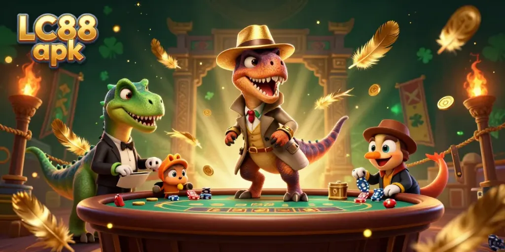 Experience thrilling gameplay with LC88 apk featuring a unique velociraptor card counter at a blackjack table.