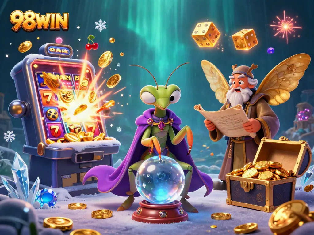 Play with luck at 98WIN, featuring a vibrant 3D casino scene with fortune tellers and dazzling jackpots.