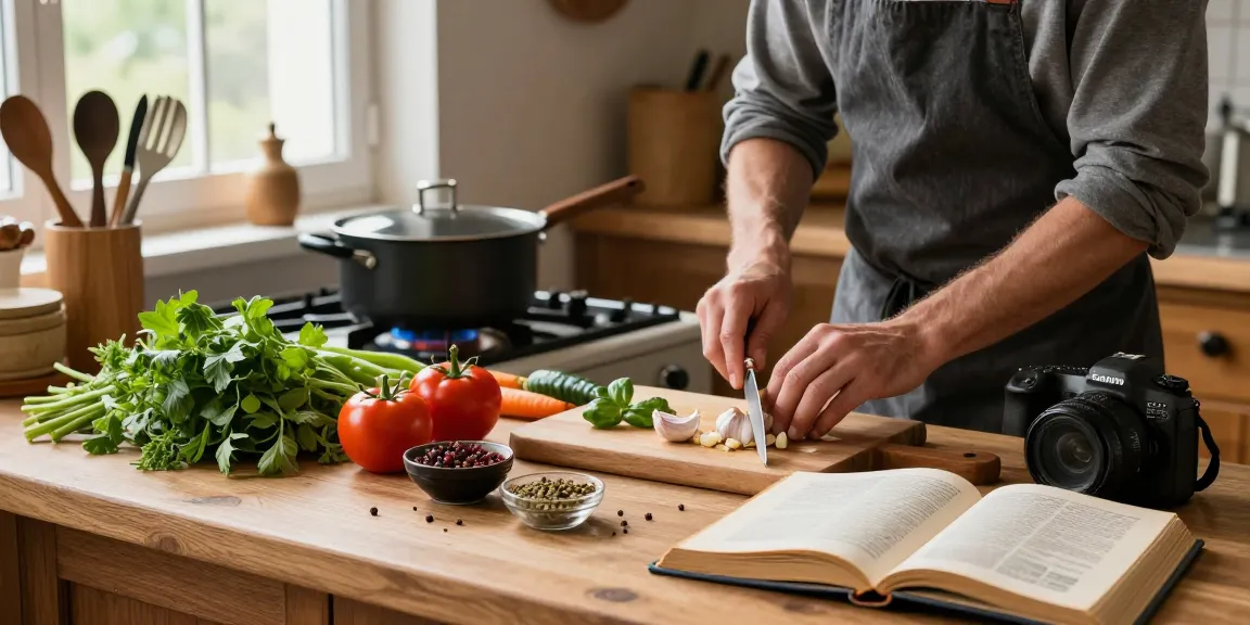Préparation de conseils cuisine avec un cuisinier passionné entouré d'ingrédients frais dans une cuisine rustique.
