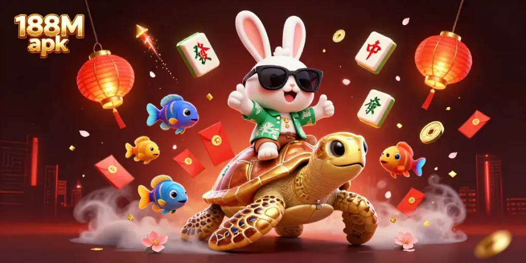 Experience the excitement of 188M apk with a cartoon rabbit and sea turtle in a vibrant casino scene.