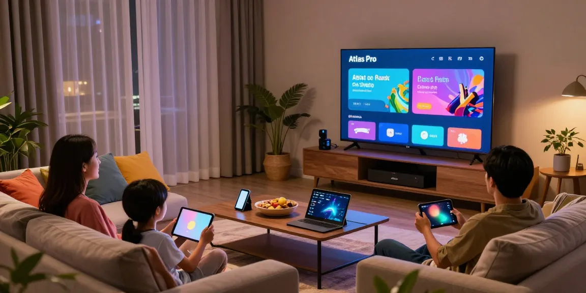 La famille profite de l'application Atlas Pro pour un cinéma à domicile confortable avec un large écran.