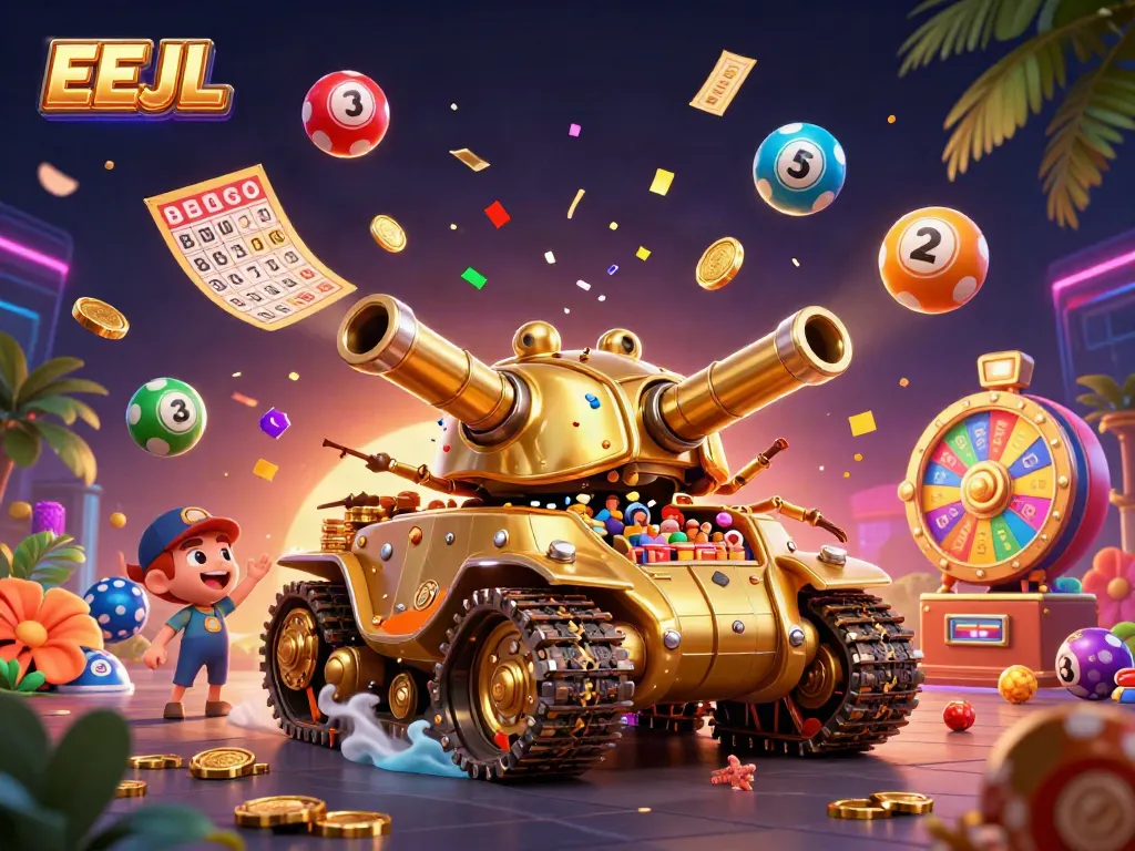 Engage in the thrilling EEJL casino experience with a vibrant scene of lottery balls and confetti-filled fun.