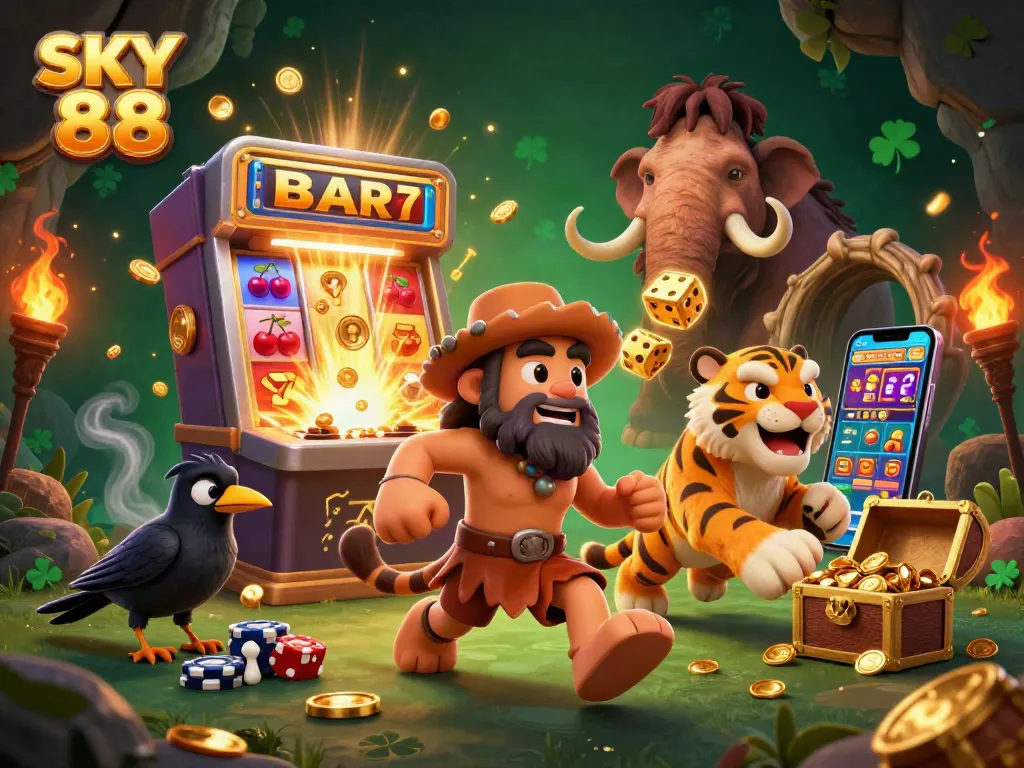 Engage in thrilling games and jackpots at Sky 88, featuring a vibrant prehistoric casino illustration