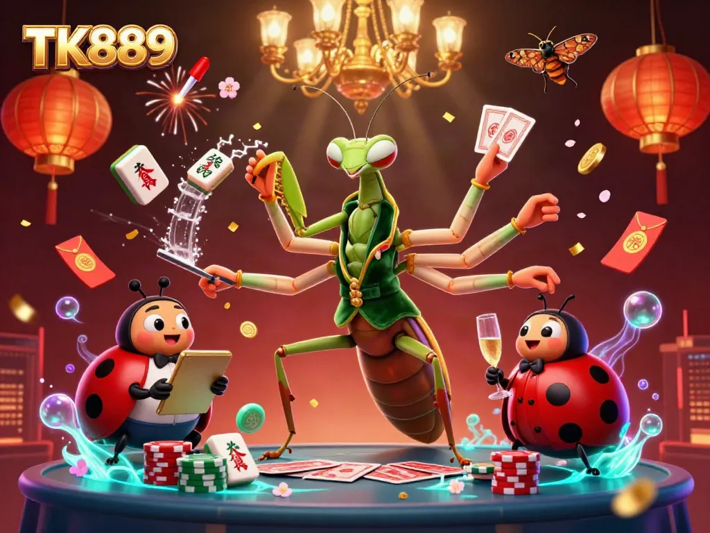 Engage with the vibrant action of TK889's online gaming scene featuring a mantis dealer amidst festive casino elements.