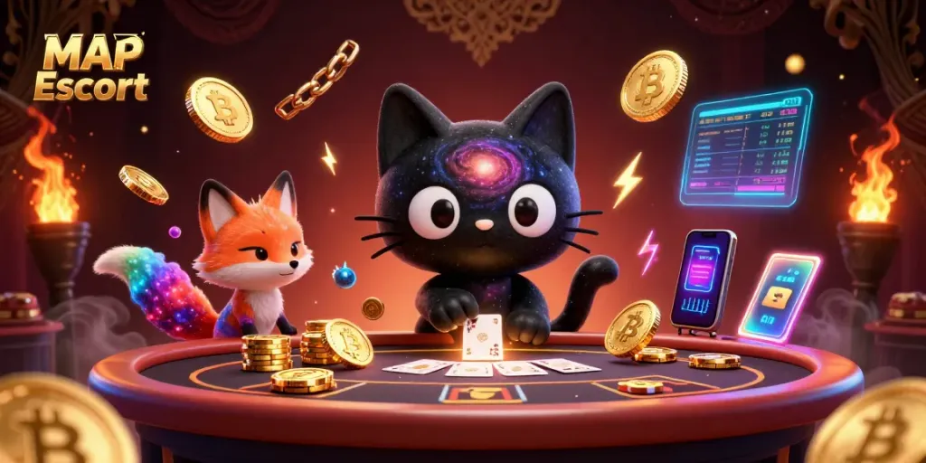 Experience the thrill of MAP Escort with cartoon characters at a cosmic casino table, enhancing your gaming excitement.