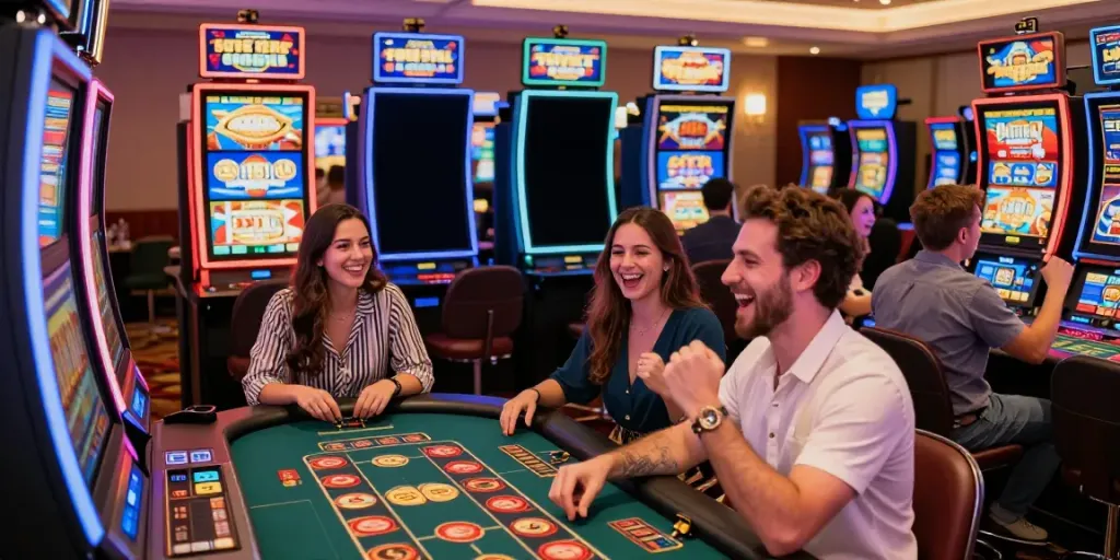 Scène de casino gratuit avec des joueurs s'amusant aux machines à sous et à des jeux de table.