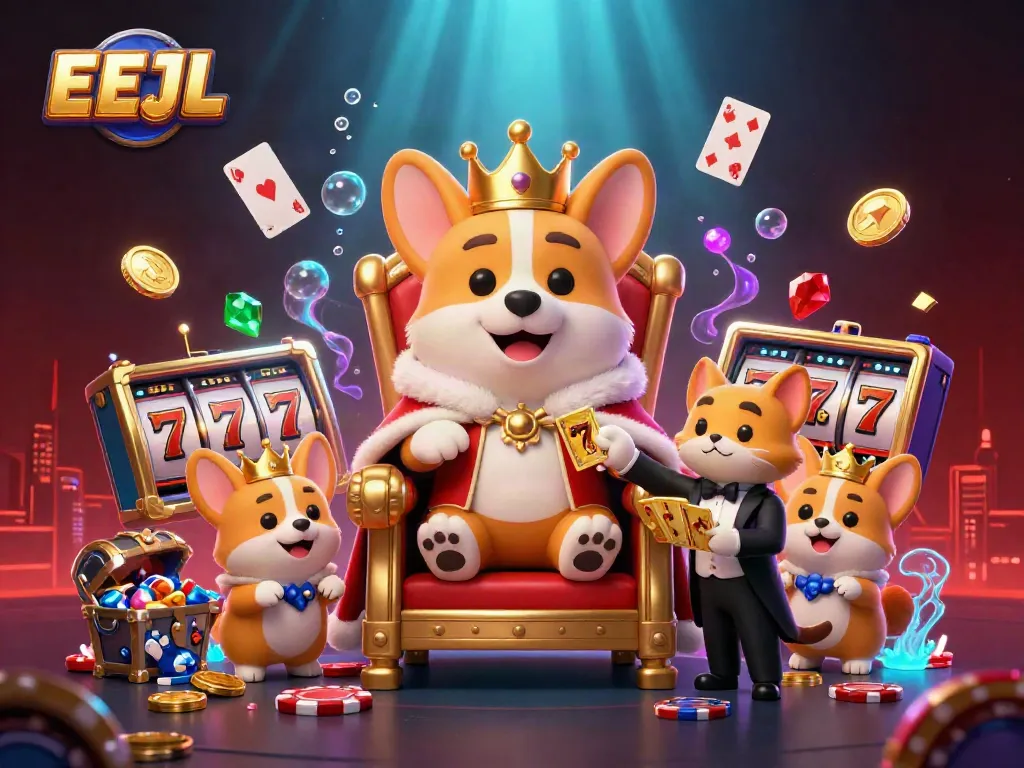 Experience excitement at EEJL with royal corgi amidst vibrant casino elements in a lavish 3D scene.