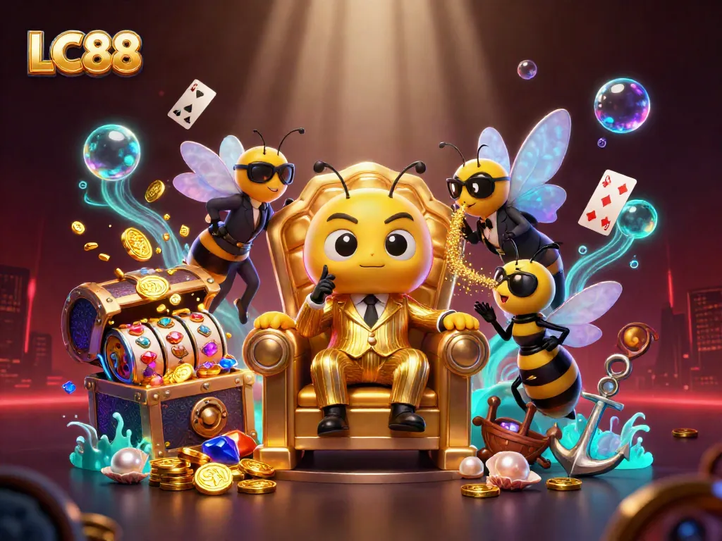 LC88 casino illustration featuring a bumblebee mob boss with slot reels and treasure.