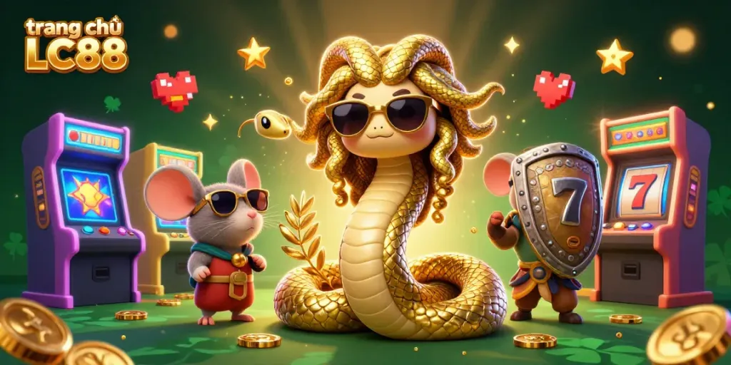 Engage with the vibrant slot machines at trang chủ LC88, featuring Medusa and a warrior mouse in a captivating scene.