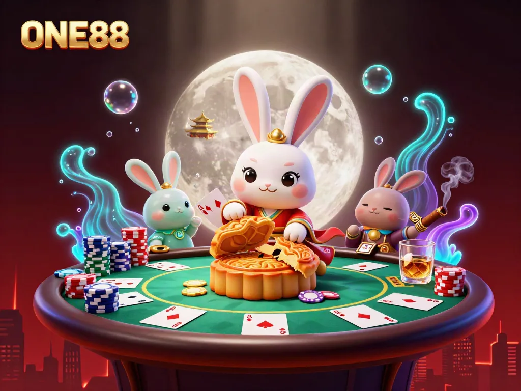 ONE88 casino scene showcases the moon rabbit winning poker chips amidst a vibrant lunar backdrop.