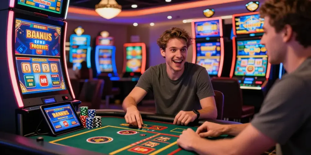 Bonus casino sans dépôt : joueur heureux découvrant des offres de jeux captivants en ligne.