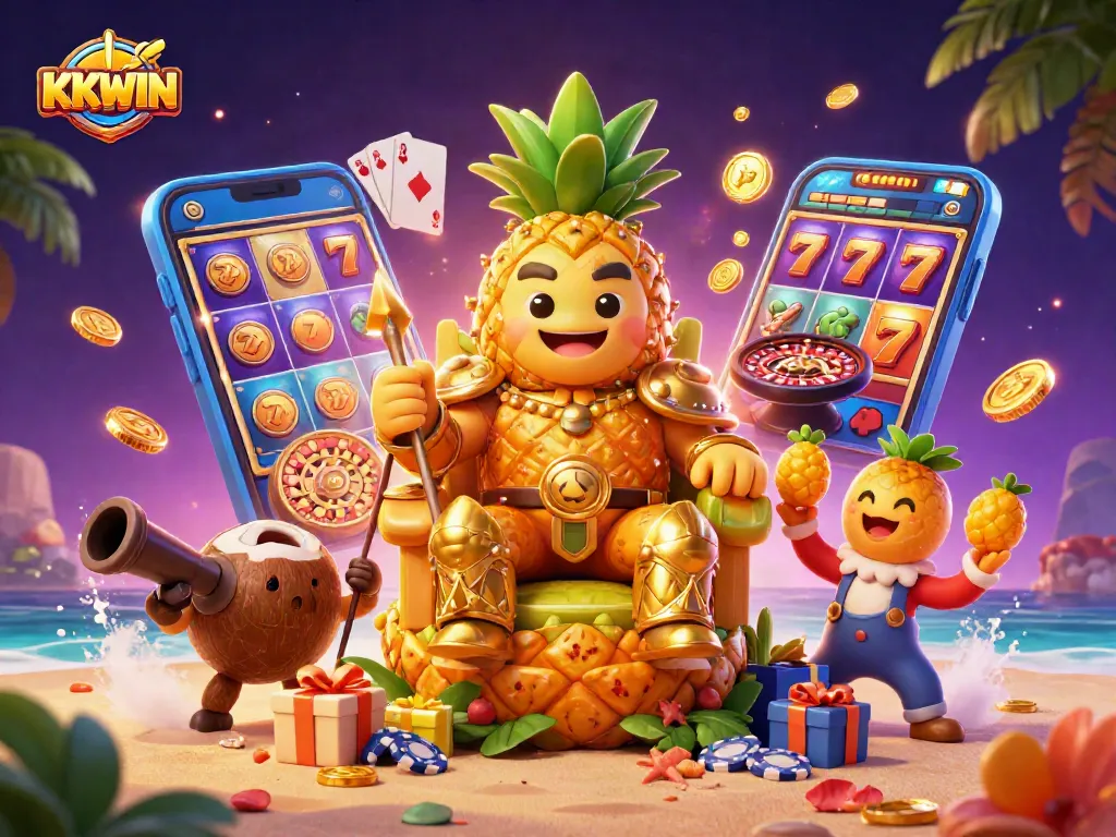 KKWIN casino scene depicting the golden pineapple king enjoying slots and games with vibrant colors and lively energy.