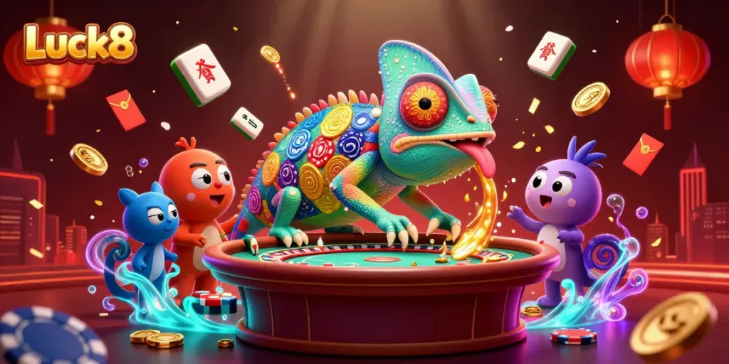 Winning at Luck8 with vibrant casino elements and a colorful chameleon owner.