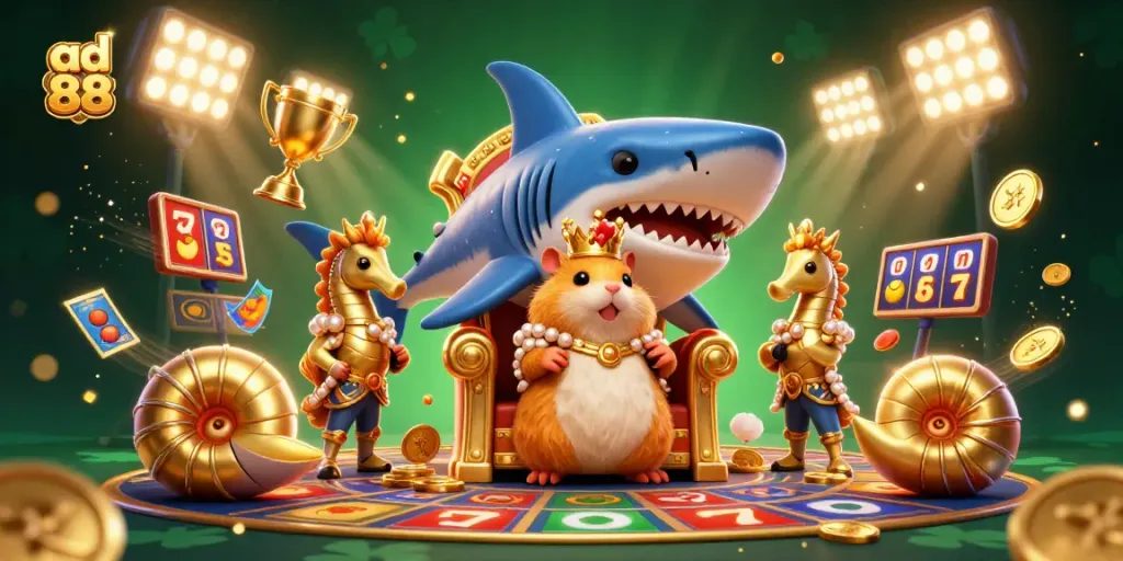Experience the thrill of ad 88 with our vibrant cartoon scene featuring slots and a hamster king.