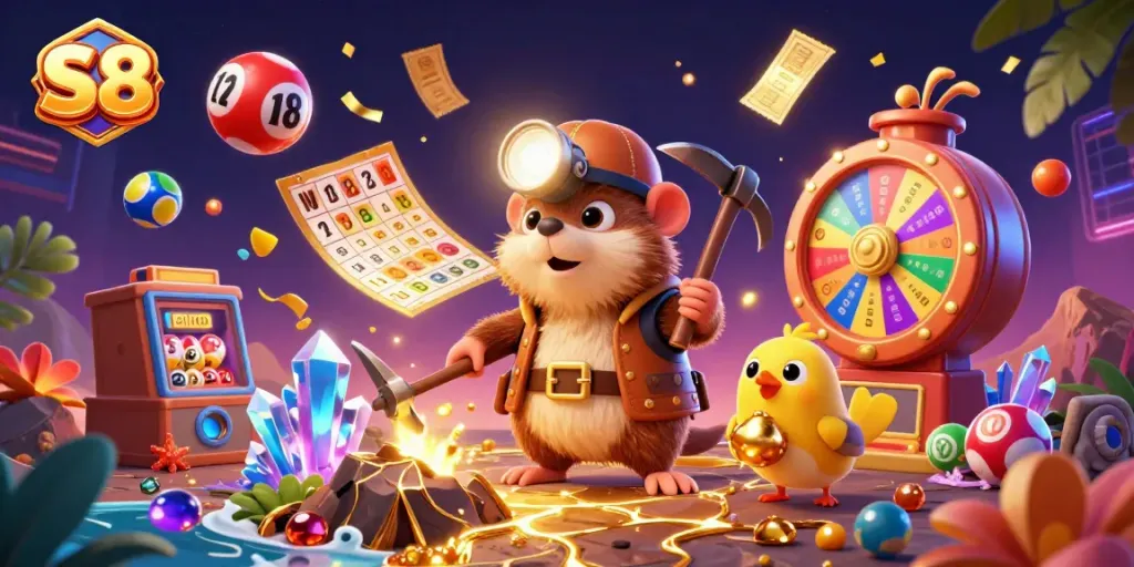 Engage in thrilling S8 casino adventures with our vibrant lottery scene and treasure hunt characters.