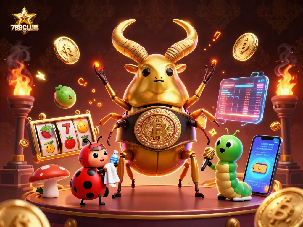 Experience thrilling action with 789CLUB in this vibrant 3D casino scene featuring slots, cryptocurrency coins, and animated characters.