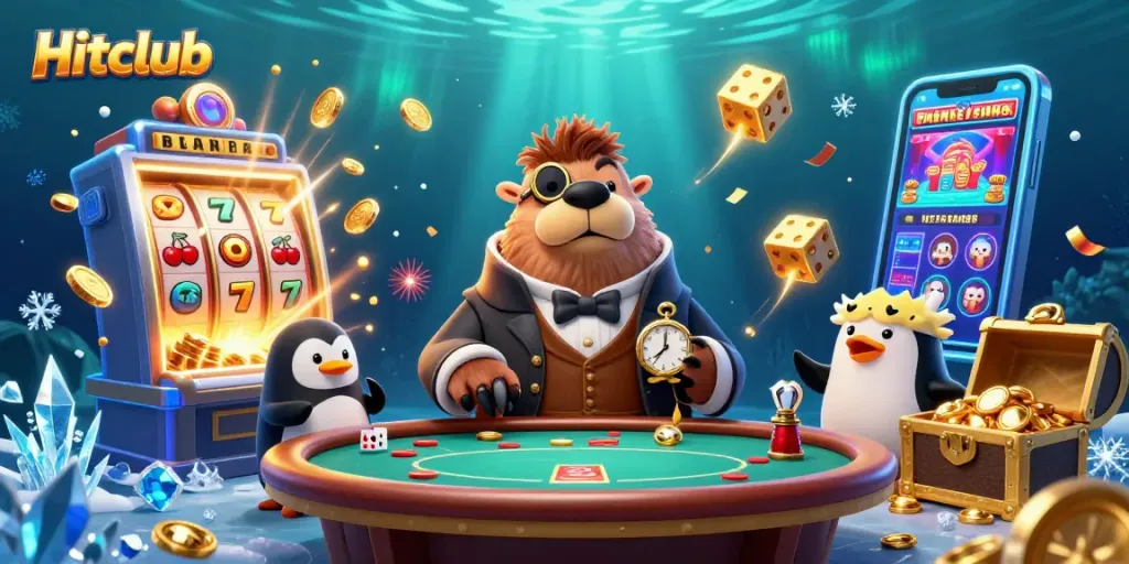 Bet on Hitclub with a jolly walrus playing poker at an underwater casino with vibrant elements