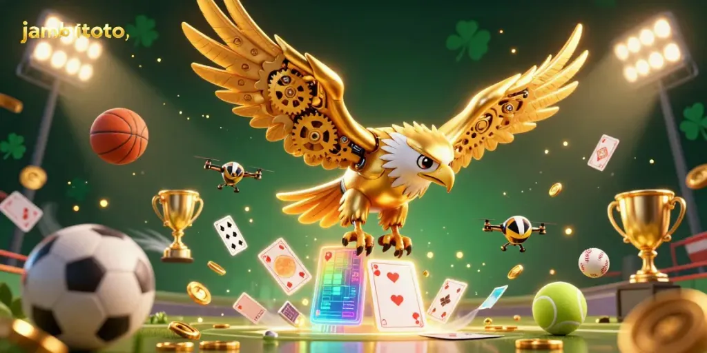 Experience thrilling action with jambitoto as a cybernetic eagle dives through holographic cards amidst dynamic sports elements.
