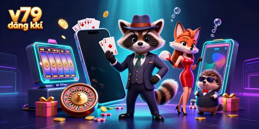 Engage with v79 đăng ký in this dynamic casino scene featuring a raccoon, fox, and hedgehog surrounded by casino elements.
