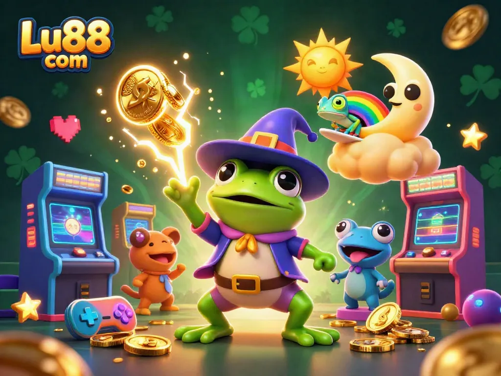 Experience the excitement of Lu88 com with a dazzling scene of animated characters amid a golden coin storm.