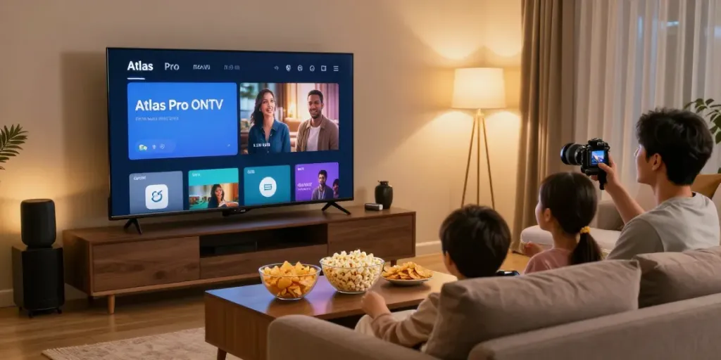 Installation home cinéma avec Atlas Pro ONTV, ambiance chaleureuse et famille regardant un film.