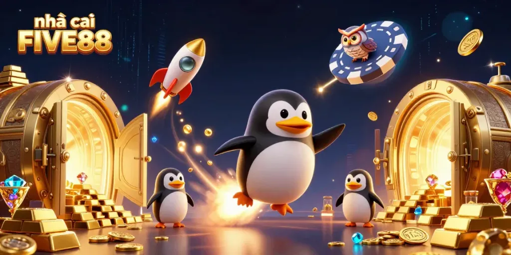 Explore thrilling adventures with nhà cái FIVE88 as a golden penguin zooms to a casino in cosmic splendor.
