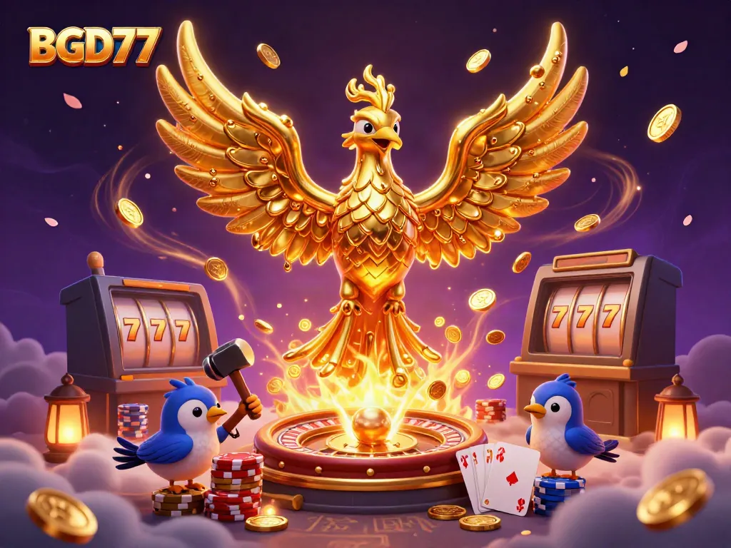 Experience the thrilling BGD77 casino atmosphere with golden phoenix, spinning roulette, and vibrant gaming elements.